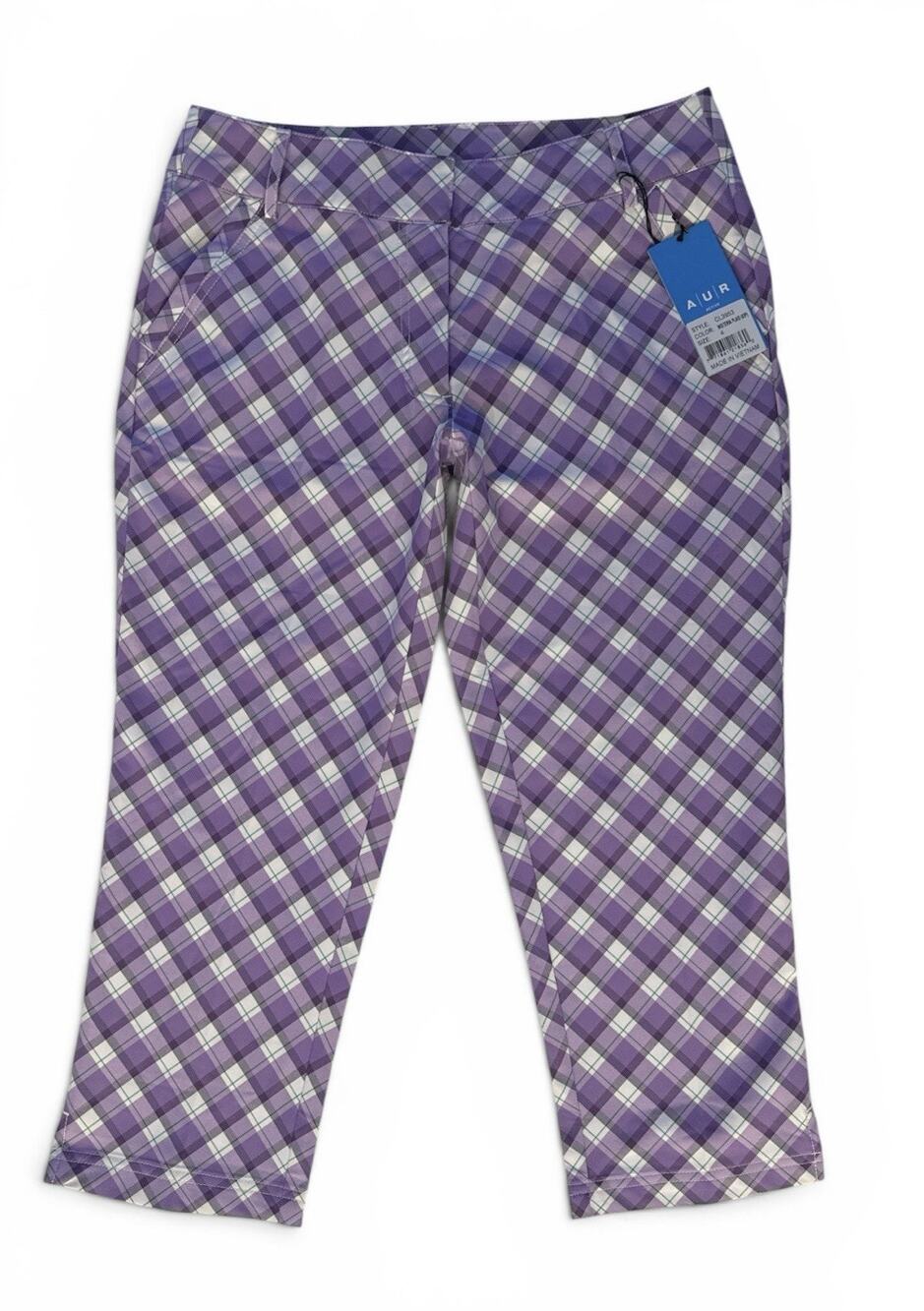 AUR Active Golf Tour Performance Pants Cropped Women's 4 Purple White Plaid